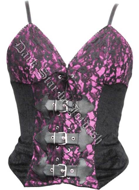 Dark Star Gothic Velvet Lace Pink and Black Corset Buckle Top - Click Image to Close