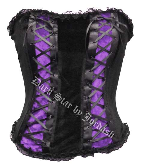 Dark Star Black & Purple Velvet Corset Basque Top with Lacing - Click Image to Close