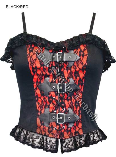 Dark Star Gothic Red and Black Basque PVC Buckle Top - Click Image to Close