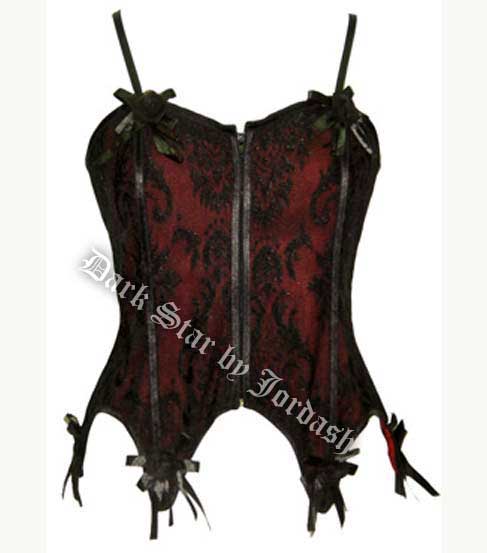 Dark Star Gothic Black and Red Brocade Roses Corset - Click Image to Close