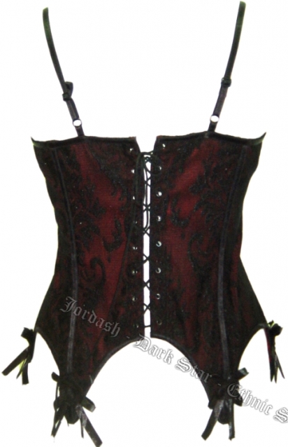 Dark Star Gothic Black and Red Brocade Roses Corset - Click Image to Close