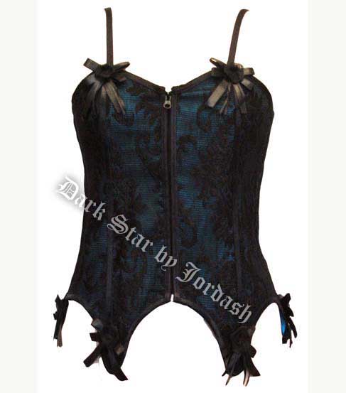 Dark Star Gothic Black and Blue Brocade Roses Corset - Click Image to Close