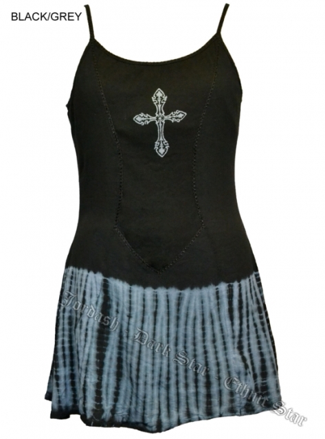 Dark Star Gothic Short Black Grey Tie Dye Mini Dress with Cross - Click Image to Close
