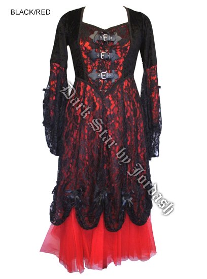 Dark Star Black & Red Velvet & Lace Gothic Medieval Dress - Click Image to Close