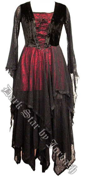 Dark Star Gothic Medieval Cobweb Long Black & Red Dress - Click Image to Close
