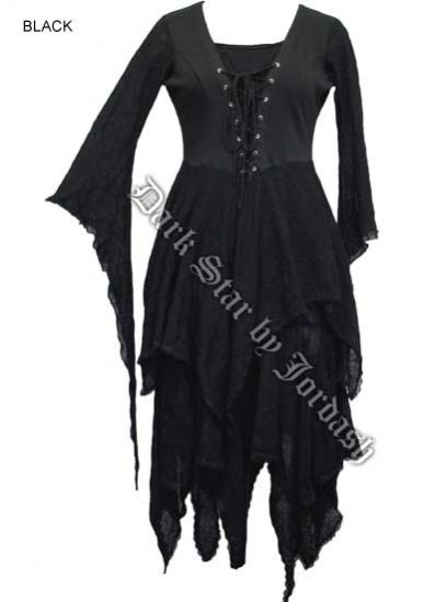 Dark Star Gothic Black Bellsleeve Lace Cobweb Long Black Dress - Click Image to Close