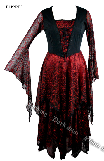 Dark Star Gothic Red Bellsleeve Lace Cobweb Long Black & Red Dress - Click Image to Close