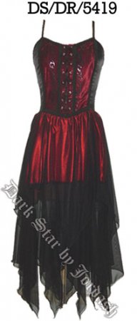 Dark Star Gothic Red & Black Satin Velvet Dress - Click Image to Close