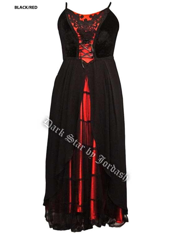 Dark Star Red and Black Velvet and Mesh Gothic Medieval Dress - Click Image to Close