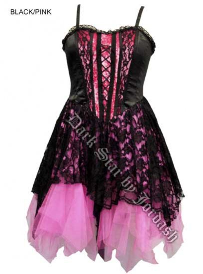 Dark Star Black and Pink Satin Velvet Lace Gothic Mini Dress - Click Image to Close