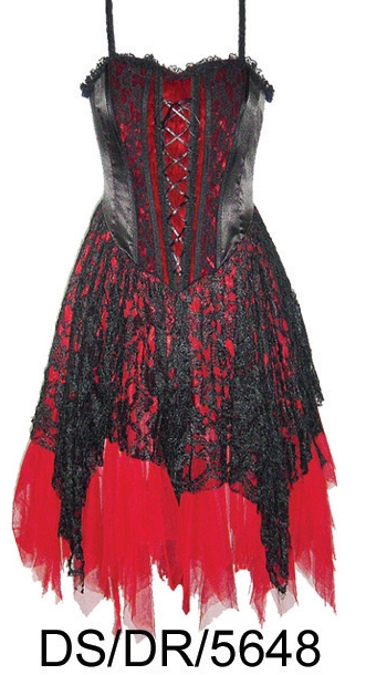 Dark Star Black and Red Satin Velvet Lace Gothic Mini Dress - Click Image to Close