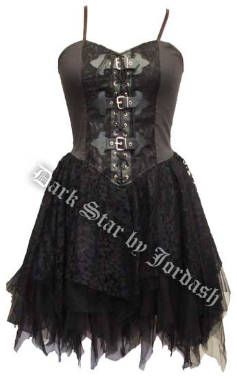 Dark Star Black Satin Lace PVC Gothic Mini Dress - Click Image to Close