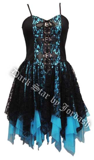 Dark Star Black and Blue Satin Lace PVC Gothic Mini Dress - Click Image to Close