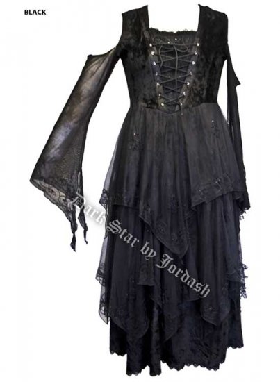 Dark Star Black Velvet Embroidered Sequin Open Shoulder Corset Gothic Dress Gown - Click Image to Close