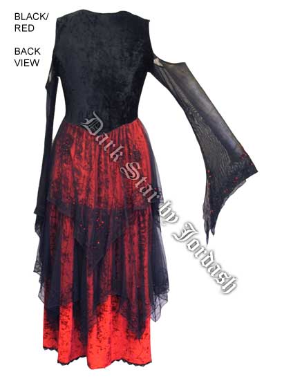Dark Star Red & Black Velvet Embroidered Sequin Open Shoulder Corset Gothic Dress Gown - Click Image to Close
