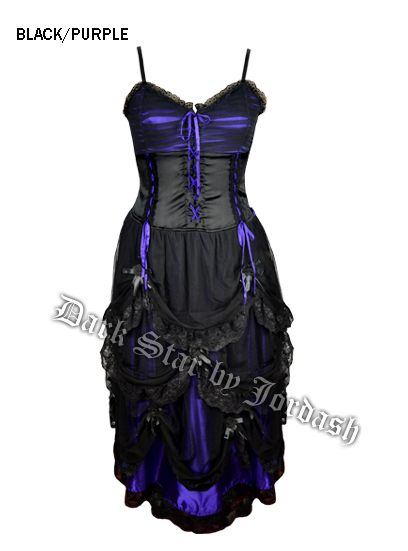 Dark Star Black & Purple Gothic Satin & Lace Ribbon Long Burlesque Corset Dress - Click Image to Close