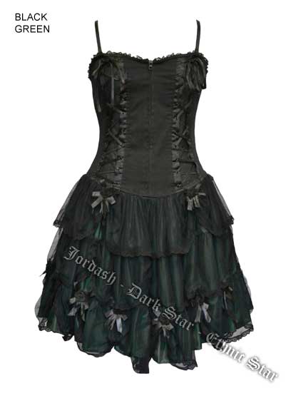 Dark Star Satin Lace Black & Green Gothic Rose Corset Dress - Click Image to Close