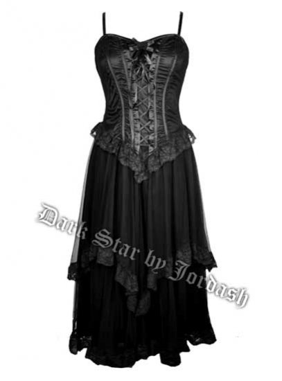 Dark Star Black Gothic Satin & Lace Netted Long Corset Dress - Click Image to Close