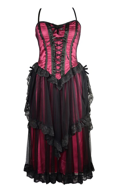 Dark Star Black & Dark Pink Gothic Satin & Lace Netted Long Corset Dress - Click Image to Close
