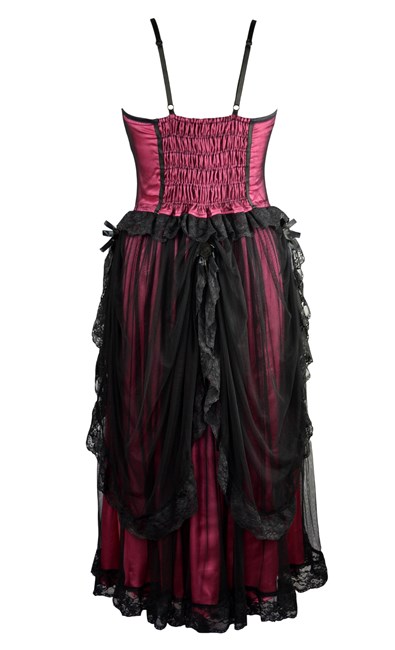 Dark Star Black & Dark Pink Gothic Satin & Lace Netted Long Corset Dress - Click Image to Close