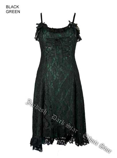 Dark Star Gothic Black & Green Lace & Roses Silk Satin Dress - Click Image to Close