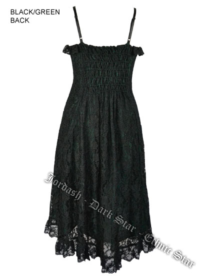 Dark Star Gothic Black & Green Lace & Roses Silk Satin Dress - Click Image to Close