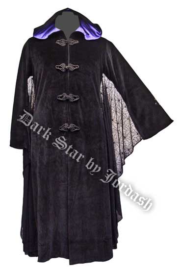 Dark Star Black and Purple Hooded Velvet Coat w Spiderweb Bat Wings - Click Image to Close