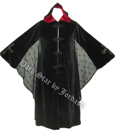 Dark Star Black and Red Hooded Velvet Coat w Spiderweb Bat Wings - Click Image to Close