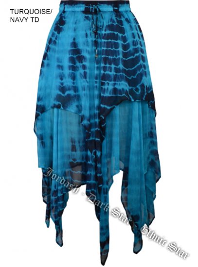 Dark Star Gothic Turquoise & Navy Tie Dye Georgette Multi Tier Witchy Hem Skirt - Click Image to Close
