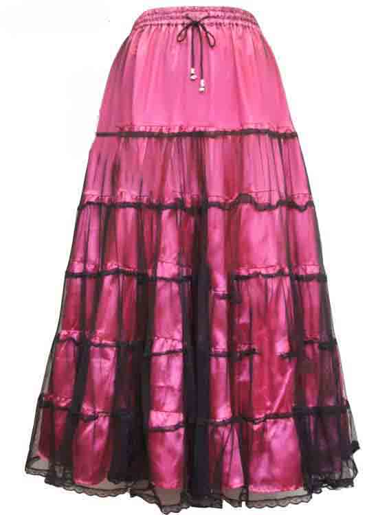 Dark Star Satin Black & Dark Pink Mesh Long Gothic Skirt
