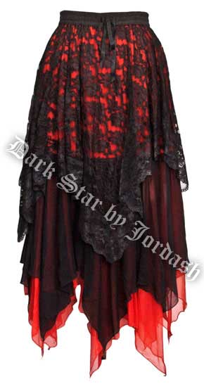 Dark Star Gothic Black and Red Lace Satin Net Multi Tier Witchy Hem Skirt - Click Image to Close