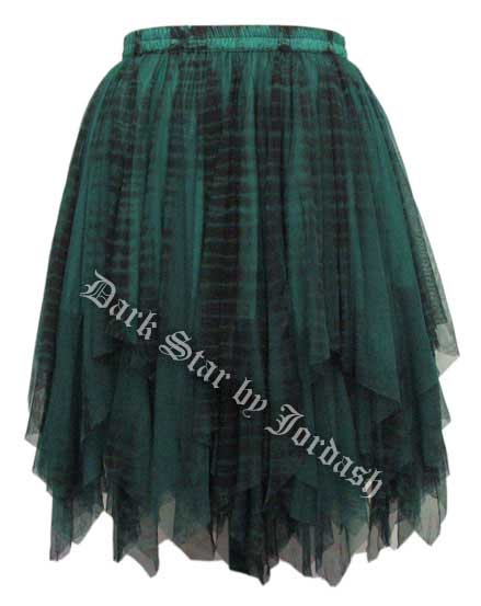 Dark Star Gothic Short Black & Green Lace Net Multi Tier Witchy Hem Mini Skirt - Click Image to Close