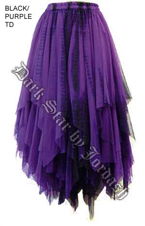 Dark Star Gothic Black and Purple Lace Net Multi Tier Witchy Hem Skirt - Click Image to Close