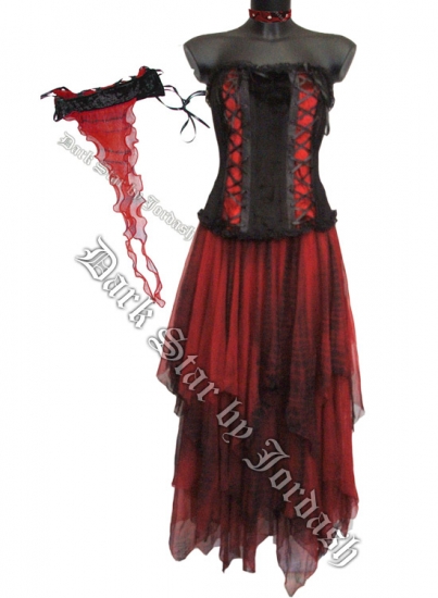 Dark Star Gothic Black and Red Lace Net Multi Tier Witchy Hem Skirt - Click Image to Close