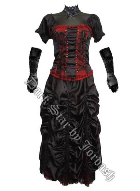 Dark Star Long Red & Black Satin & Lace Gothic Victorian Skirt - Click Image to Close