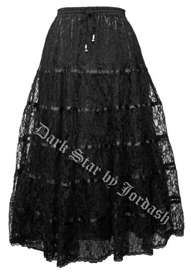 Dark Star Black Satin Lace Tiered Gothic Skirt - Click Image to Close