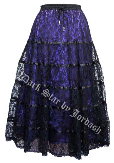 Dark Star Black and Purple Satin Lace Tiered Gothic Skirt - Click Image to Close