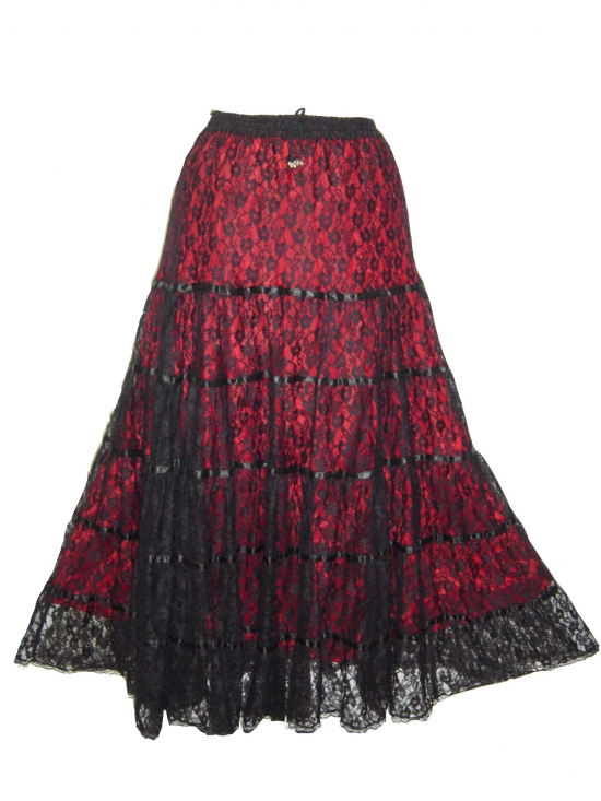 Dark Star Black and Red Satin Lace Tiered Gothic Skirt - Click Image to Close