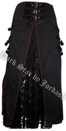 Dark Star Gothic Black and Red Stitch Buckle Lace Skirt - Click Image to Close