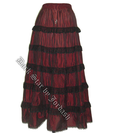 Dark Star Black and Red Silky Long Gothic Skirt with Lace Trim