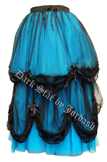 Dark Star Long Blue and Black Satin Roses Gothic Fairytale Skirt - Click Image to Close