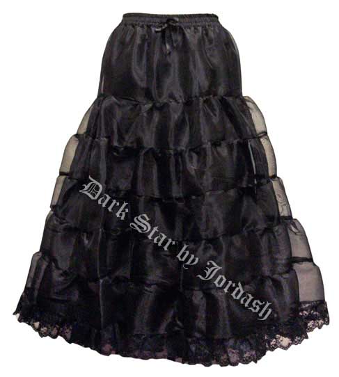 Dark Star Long Gothic Black Satin Mesh Tiered Skirt - Click Image to Close