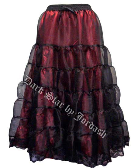 Dark Star Long Gothic Black and Red Satin Mesh Tiered Skirt - Click Image to Close
