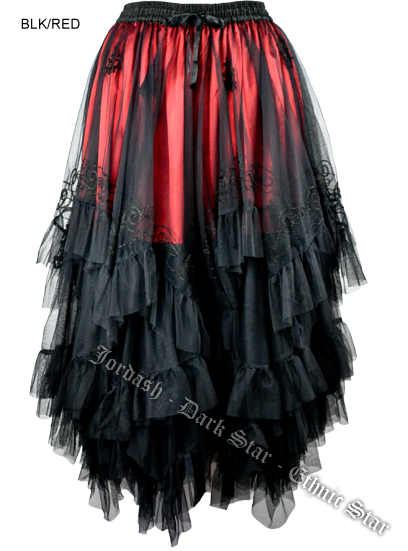 Dark Star Long Black and Red Mesh Embroidered Layered Gothic Skirt - Click Image to Close