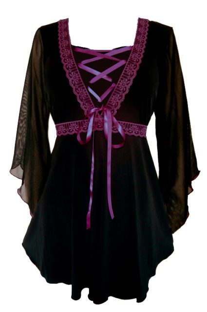 Plus Size Bewitched Corset Top in Black with Burgundy Trim - Click Image to Close