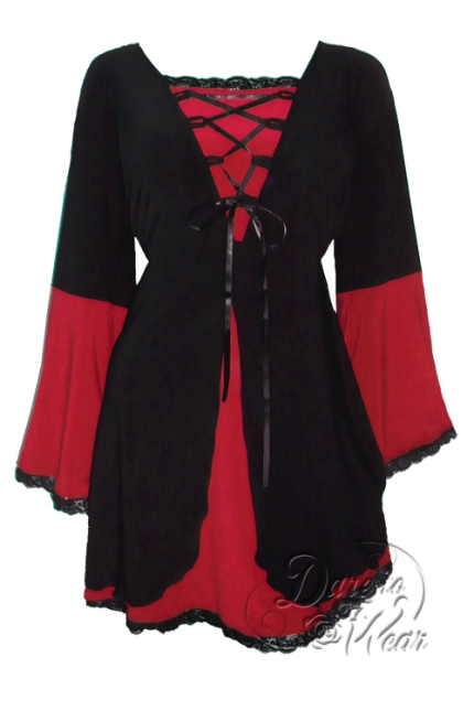 Plus Size Black and Scarlet Red Medieval Princess Bell Sleeve Corset Top - Click Image to Close