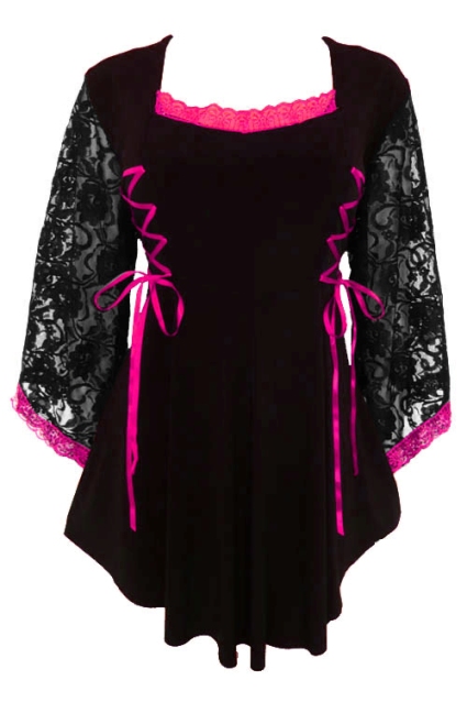 Plus Size Gothic Lace Anastasia Top in Black and Fuchsia - Click Image to Close