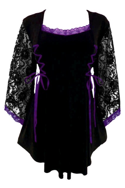 Plus Size Gothic Lace Anastasia Top in Black and Purple - Click Image to Close