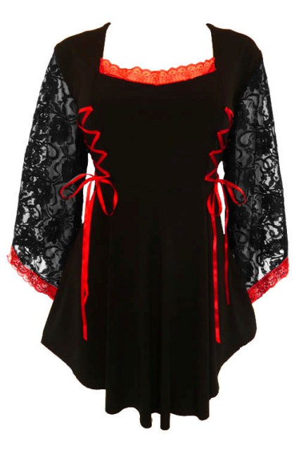Plus Size Gothic Lace Anastasia Top in Black and Scarlet Red - Click Image to Close