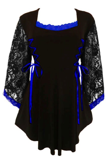 Plus Size Gothic Lace Anastasia Top in Black and Royal Blue - Click Image to Close